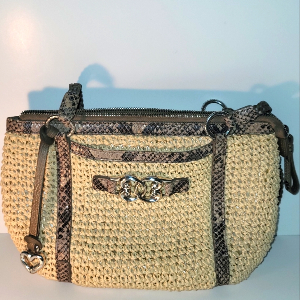 Brighton woven straw purse hand bag tan with grey snake skin pattern leather